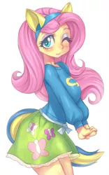 Size: 499x800 | Tagged: safe, artist:hoihoi, derpibooru import, fluttershy, human, equestria girls, blushing, clothes, cute, female, one eye closed, pixiv, shyabetes, simple background, skirt, solo, sweater, sweatershy, white background, wink, wondercolts