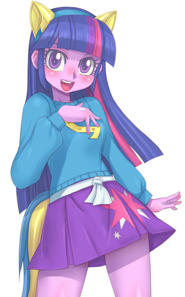 Size: 499x800 | Tagged: safe, artist:hoihoi, derpibooru import, twilight sparkle, equestria girls, blushing, clothes, female, looking at you, open mouth, pixiv, simple background, skirt, solo, sweater, white background, wondercolts