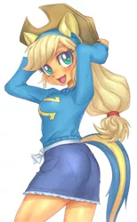 Size: 493x800 | Tagged: safe, artist:hoihoi, derpibooru import, applejack, equestria girls, clothes, female, open mouth, pixiv, simple background, skirt, solo, sweater, wondercolts