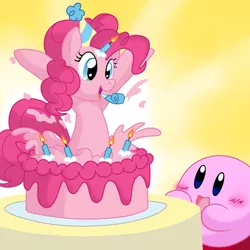 Size: 800x800 | Tagged: artist:perfectpinkwater, cake, crossover, derpibooru import, food, hat, kirby, kirby (character), kirby pie, party, party hat, pinkie pie, pop out cake, safe