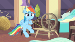 Size: 640x360 | Tagged: animated, derpibooru import, inverted mouth, rainbow dash, rarity takes manehattan, safe, solo, spinning wheel