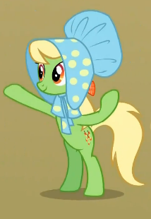 Size: 214x310 | Tagged: safe, derpibooru import, screencap, apple munchies, earth pony, pony, the last roundup, apple family member, background pony, bonnet, cropped, female, mare, solo, upright