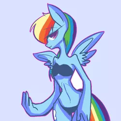 Size: 800x800 | Tagged: anthro, artist:lessue, bedroom eyes, belly button, bikini, breasts, clothes, delicious flat chest, derpibooru import, female, rainbow dash, solo, solo female, suggestive, swimsuit