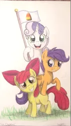 Size: 1080x1920 | Tagged: apple bloom, artist:thefriendlyelephant, candy corn, cutie mark crusaders, derpibooru import, flag, object on drawing, safe, scootaloo, sweetie belle, traditional art