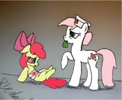 Size: 579x474 | Tagged: apple bloom, artist needed, bandage, blood, colored, crying, derpibooru import, grimdark, mixed art, nurse redheart, source needed