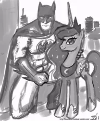 Size: 833x1000 | Tagged: artist:johnjoseco, batman, crossover, dc comics, derpibooru import, duo, frown, grayscale, human, kneeling, looking at you, monochrome, princess luna, raised eyebrow, safe, smiling, standing