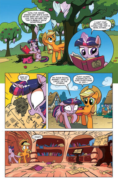 Size: 630x969 | Tagged: safe, derpibooru import, idw, applejack, twilight sparkle, twilight sparkle (alicorn), alicorn, earth pony, pony, spoiler:comic, spoiler:comic15, apple, apple tree, cocoon, comic, female, idw advertisement, mare, official comic, preview, schmarfelpod, speech bubble, tree