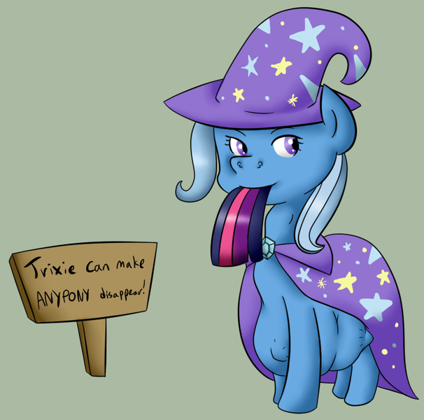 Size: 709x702 | Tagged: questionable, artist:emeraldfur, derpibooru import, trixie, twilight sparkle, pony, unicorn, belly, cape, clothes, female, fetish, hat, mare, oral vore, preylight, sign, swallowing, tail sticking out, trixie predamoon, trixie's cape, trixie's hat, vore