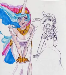 Size: 2268x2574 | Tagged: artist:asterdog, cleavage, clothes, derpibooru import, dress, female, gala dress, horned humanization, human, humanized, light skin, one word, princess celestia, safe, scene interpretation, speech bubble, traditional art, twilight sparkle, twilight sparkle (alicorn)