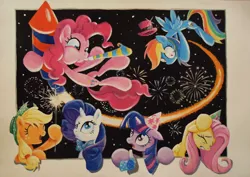 Size: 978x694 | Tagged: acrylic painting, applejack, artist:graffegruam, bowtie, derpibooru import, fireworks, fluttershy, fourth wall, hat, mane six, new year, party hat, party horn, pinkie pie, rainbow dash, rarity, rocket, safe, sparklers, traditional art, twilight sparkle