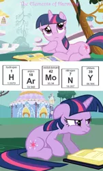 Size: 470x780 | Tagged: safe, derpibooru import, edit, edited screencap, screencap, twilight sparkle, pony, unicorn, friendship is magic, angry, argon, book, caption, carousel boutique, chemistry, chemistry joke, element of generosity, element of honesty, element of kindness, element of laughter, element of loyalty, element of magic, elements of harmony, female, floppy ears, frown, glare, grumpy, hydrogen, image, joke, mare, molybdenum, nitrogen, periodic table, png, pun, raised eyebrow, science, scowl, sitting, solo, thinking, twilight is not amused, unamused, unicorn twilight, yttrium