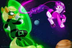 Size: 900x600 | Tagged: applejack, artist:the-chibster, dc comics, derpibooru import, fight, green lantern, parody, rarity, safe, star sapphire