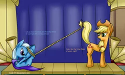 Size: 2560x1536 | Tagged: applejack, applejack hogtying trixie, artist:brab777, bondage, derpibooru import, hogtied, prehensile tail, rope, safe, trixie