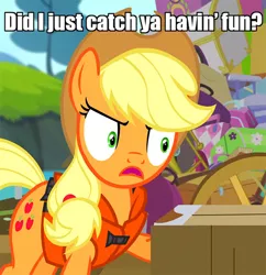 Size: 556x574 | Tagged: safe, derpibooru import, applejack, earth pony, pony, pinkie apple pie, angry, caption, faic, female, frown, glare, image macro, mare, meme, no fun allowed, open mouth, reaction image, solo, the boondocks, wide eyes