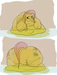 Size: 850x1116 | Tagged: artist:calorie, blob, butter, crack, derpibooru import, fat, fattershy, flutterbutter, fluttershy, food, food pony, goo pony, morbidly obese, obese, original species, safe, solo, wall