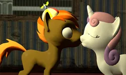 Size: 640x382 | Tagged: 3d, buttonbetes, button mash, cute, derpibooru import, diasweetes, female, gmod, kissing, lips, male, safe, shipping, straight, surprised, surprise kiss, sweetie belle, sweetiemash