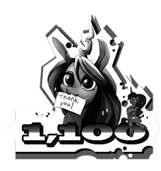 Size: 1280x1357 | Tagged: artist:jokerpony, ask teen chrysalis, crossed hooves, derpibooru import, floppy ears, followers, looking at you, milestone, monochrome, mouth hold, princess luna, queen chrysalis, safe, sign, simple background, sitting, smiling, thank you, transparent background, tumblr, unamused