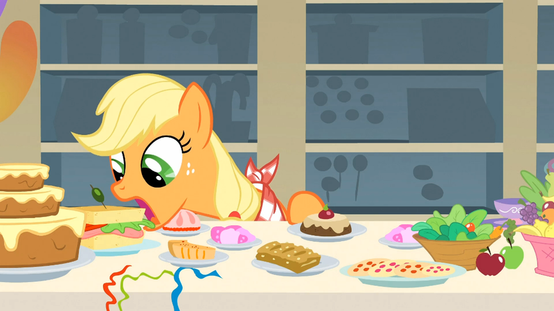 Size: 1054x592 | Tagged: a bird in the hoof, applejack, buffet, derpibooru import, ponies eating meat, safe, sandwich, screencap, solo