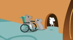 Size: 1054x592 | Tagged: a bird in the hoof, bandaged leg, derpibooru import, family, mouse, mr. mousey, safe, screencap, trio, wheelchair