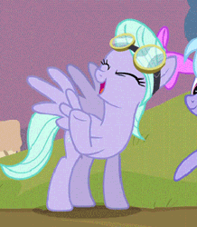Size: 300x344 | Tagged: animated, cloudchaser, cropped, derpibooru import, edit, edited screencap, flitter, goggles, hurricane fluttershy, laughing, laughingmares.jpg, loop, offscreen character, safe, screencap, solo focus