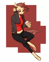 Size: 700x882 | Tagged: anthro, anthro oc, artist:dogrot, clothes, coffee, derpibooru import, earring, jacket, leggings, midriff, oc, oc:jasmine, safe, short shirt, solo, t-shirt, unguligrade anthro, unofficial characters only