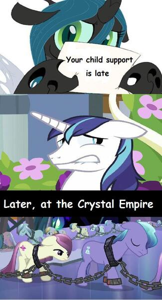 Size: 490x906 | Tagged: safe, derpibooru import, queen chrysalis, shining armor, earth pony, pony, unicorn, adultery, child support, chrysalis' note, comic, comic sans, deadbeat, exploitable, female, infidelity, infidelity armor, male, mare, parody, shining, sign, slavery, stallion