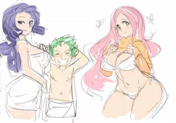 Size: 1147x799 | Tagged: suggestive, artist:maniacpaint, derpibooru import, fluttershy, rarity, spike, human, belly button, bra, breasts, busty fluttershy, busty rarity, clothes, female, flutterspike, humanized, light skin, male, older, panties, shipping, simple background, sparishy, sparity, spike gets all the mares, straight, straight shota, sweater, sweatershy, underwear, white background