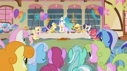 Size: 1054x592 | Tagged: safe, derpibooru import, screencap, applejack, berry punch, berryshine, carrot top, daisy, flower wishes, fluttershy, golden harvest, linky, lyra heartstrings, minuette, philomena, princess celestia, rarity, shoeshine, twilight sparkle, twinkleshine, alicorn, bird, pegasus, phoenix, pony, unicorn, a bird in the hoof, background pony, balloon, bird cage, cake, clothes, dress, ethereal mane, female, food, gala dress, mare, royal guard