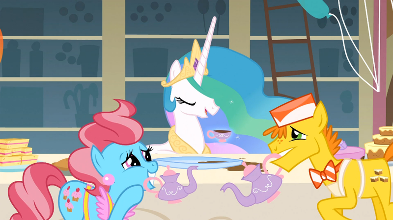 Size: 1054x592 | Tagged: a bird in the hoof, carrot cake, cup cake, derpibooru import, mouth hold, prank, princess celestia, safe, screencap, tea, teacup, teapot, this will end in tears and/or a journey to the moon