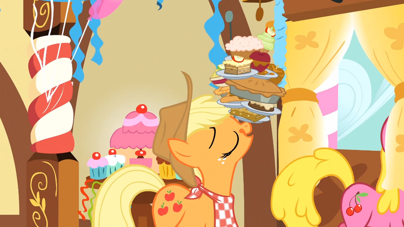Size: 1054x592 | Tagged: a bird in the hoof, apple, applejack, balancing, cherry berry, cupcake, derpibooru import, pie, ponies balancing stuff on their nose, safe, screencap, solo