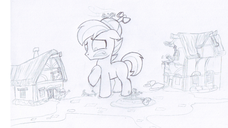 Size: 959x542 | Tagged: safe, artist:lockerobster, derpibooru import, button mash, sweetie belle, earth pony, pony, angry ponys, button smash, destruction, female, giant button mash, giant pony, hat, lineart, macro, male, monochrome, propeller hat, scared, shipping, sorry my bad, straight, sweetiemash, traditional art, whoops, wip, worried