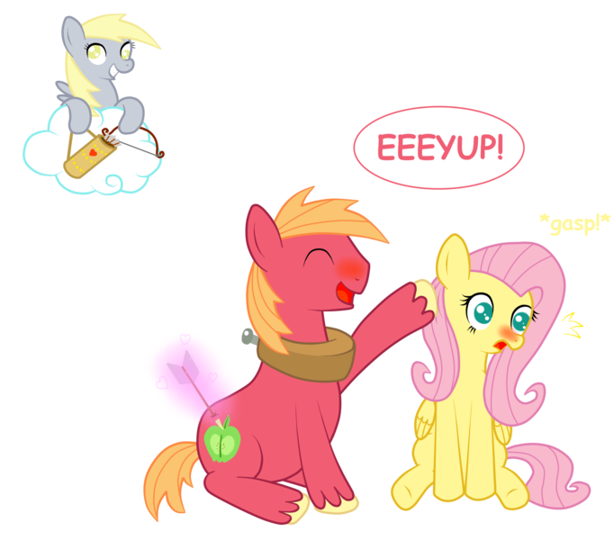 Size: 1856x1632 | Tagged: safe, artist:seabastian, derpibooru import, big macintosh, derpy hooves, fluttershy, earth pony, pegasus, pony, background pony, blushing, cupid, eeyup, female, fluttermac, male, mare, shipper on deck, shipping, stallion, straight, unshorn fetlocks