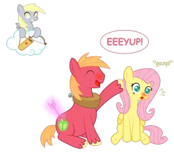 Size: 1856x1632 | Tagged: safe, artist:seabastian, derpibooru import, big macintosh, derpy hooves, fluttershy, earth pony, pegasus, pony, background pony, blushing, cupid, eeyup, female, fluttermac, male, mare, shipper on deck, shipping, stallion, straight, unshorn fetlocks