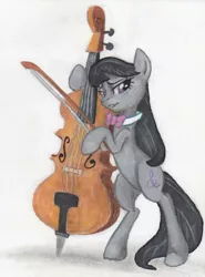 Size: 626x846 | Tagged: safe, artist:benrusk, derpibooru import, octavia melody, earth pony, pony, bipedal, cello, musical instrument, simple background, solo, traditional art