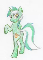 Size: 379x528 | Tagged: safe, artist:benrusk, derpibooru import, lyra heartstrings, pony, unicorn, bipedal, female, grin, looking back, mare, smiling, solo, traditional art