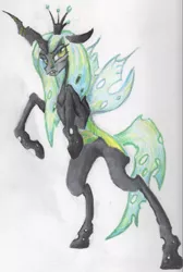 Size: 634x946 | Tagged: safe, artist:benrusk, derpibooru import, queen chrysalis, pony, bipedal, rearing, solo, traditional art