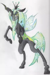 Size: 634x946 | Tagged: safe, artist:benrusk, derpibooru import, queen chrysalis, changeling, changeling queen, bipedal, female, image, png, rearing, solo, traditional art