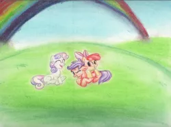 Size: 1250x928 | Tagged: apple bloom, artist:benrusk, cutie mark crusaders, derpibooru import, happy, rainbow, safe, scootaloo, sweetie belle, traditional art