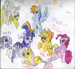 Size: 1363x1250 | Tagged: safe, artist:benrusk, derpibooru import, applejack, derpy hooves, fluttershy, pinkie pie, rainbow dash, rarity, twilight sparkle, pegasus, pony, female, mane six, mare, traditional art