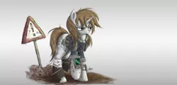 Size: 2000x962 | Tagged: safe, artist:ncmares, derpibooru import, oc, oc:littlepip, unofficial characters only, pony, unicorn, fallout equestria, fanfic, bandage, clothes, fanfic art, female, gradient background, hooves, horn, mare, pipbuck, pipleg, sign, solo, vault suit