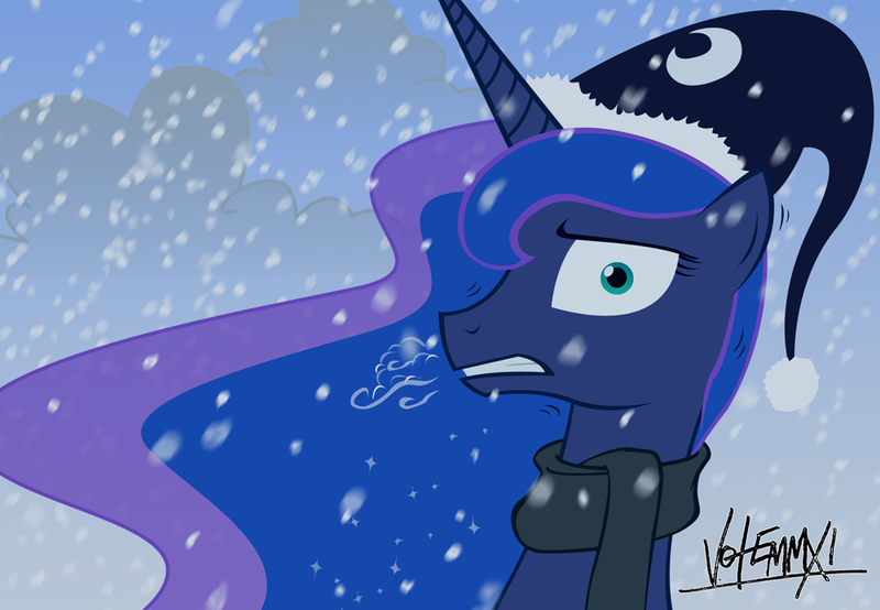 Size: 1000x692 | Tagged: artist:equestria-election, cap, clothes, cold, dead source, derpibooru import, freezing, hat, princess luna, safe, scarf, shivering, snow, snowfall, solo