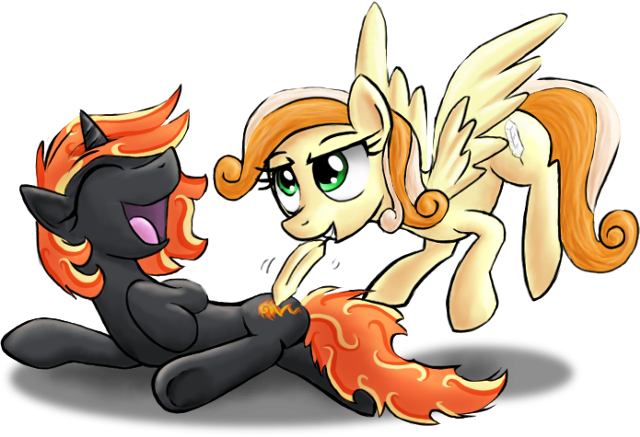 Size: 640x437 | Tagged: safe, artist:paper-pony, derpibooru import, oc, oc:incendia, oc:tiptoe, unofficial characters only, pegasus, pony, unicorn, fanfic:antipodes, eyes closed, feather, flying, laughing, mouth hold, open mouth, side, smiling, spread wings, tickling, underhoof