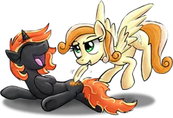 Size: 640x437 | Tagged: safe, artist:paper-pony, derpibooru import, oc, oc:incendia, oc:tiptoe, unofficial characters only, pegasus, pony, unicorn, fanfic:antipodes, eyes closed, feather, flying, laughing, mouth hold, open mouth, side, smiling, spread wings, tickling, underhoof