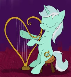 Size: 1204x1292 | Tagged: safe, artist:ambrosebuttercrust, derpibooru import, lyra heartstrings, pony, unicorn, eyes closed, lyre, sitting, solo, stool