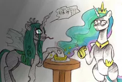 Size: 1328x892 | Tagged: artist:asdf314159265, bloodshot eyes, cheesecake, derpibooru import, princess celestia, queen chrysalis, safe