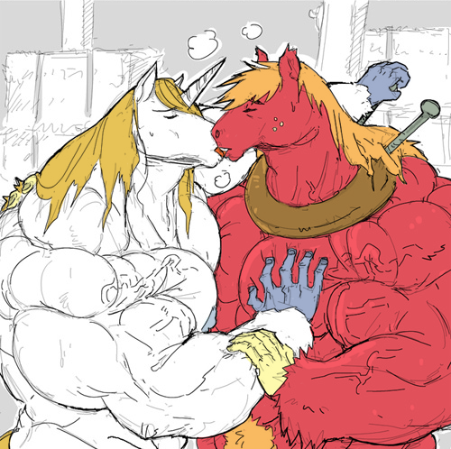 Size: 500x498 | Tagged: anthro, artist:stagor, bara, big macintosh, bluemac, derpibooru import, fetish, gay, great macintosh, kissing, male, muscle fetish, muscles, prince beefblood, prince blueblood, questionable