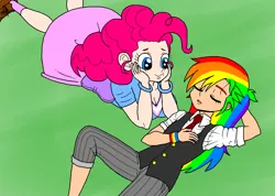 Size: 1256x892 | Tagged: safe, artist:asdf314159265, derpibooru import, pinkie pie, rainbow dash, human, female, humanized, lesbian, light skin, necktie, pinkiedash, shipping, waistcoat