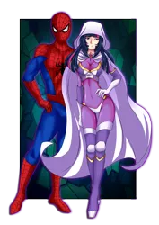 Size: 2480x3507 | Tagged: amethyst sorceress, artist:sugarnhoney, bodysuit, breasts, cleavage, crossover, crossover shipping, derpibooru import, female, human, humanized, light skin, looking at you, marvel, safe, smiling, spider-man, spiders and magic: rise of spider-mane, spidertwi, standing, twilight sparkle