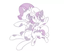 Size: 1023x814 | Tagged: safe, artist:raibo, derpibooru import, rarity, sweetie belle, cow, cow pony, unicorn, animal costume, bell collar, bow, clothes, costume, cowbell, cowbelle, digital art, duo, monochrome, neck bow, raricow, simple background, white background