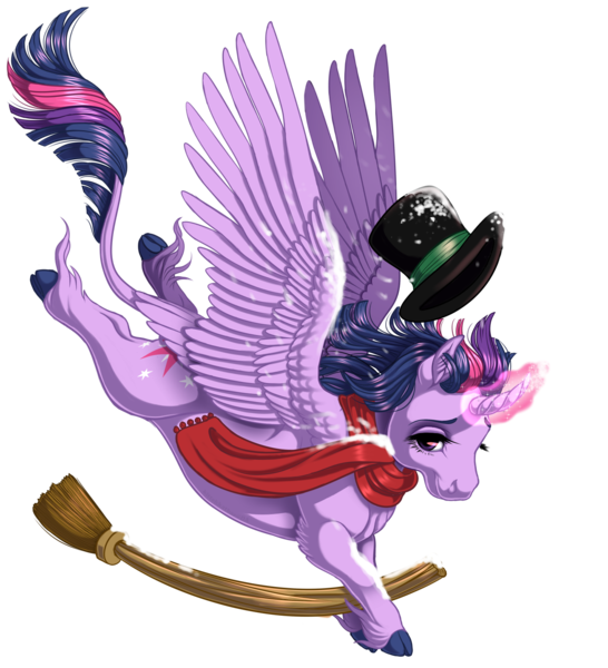 Size: 1506x1655 | Tagged: safe, artist:kittehkatbar, derpibooru import, twilight sparkle, twilight sparkle (alicorn), alicorn, classical unicorn, pony, broom, clothes, hat, leonine tail, lidded eyes, looking at you, magic, scarf, simple background, smiling, snow, snowfall, solo, spread wings, top hat, transparent background, unshorn fetlocks